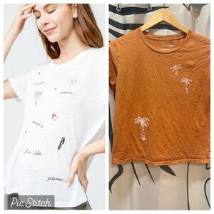 Bundle of 2 AMUSE SOCIETY White Embroidered Patch & Tropical Palm Tree Tee